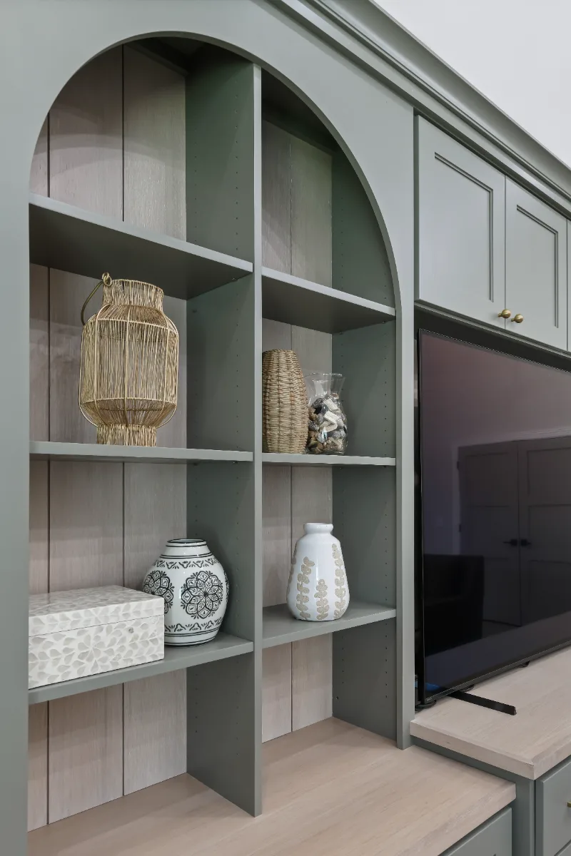 Loft remodel in Watkins Creek, TN. Sebring Design Build transformed this Watkins Creek loft in Franklin, Tennessee with River Rock and Champagne stain cabinetry, Duchateau The Guild Kayla 7.