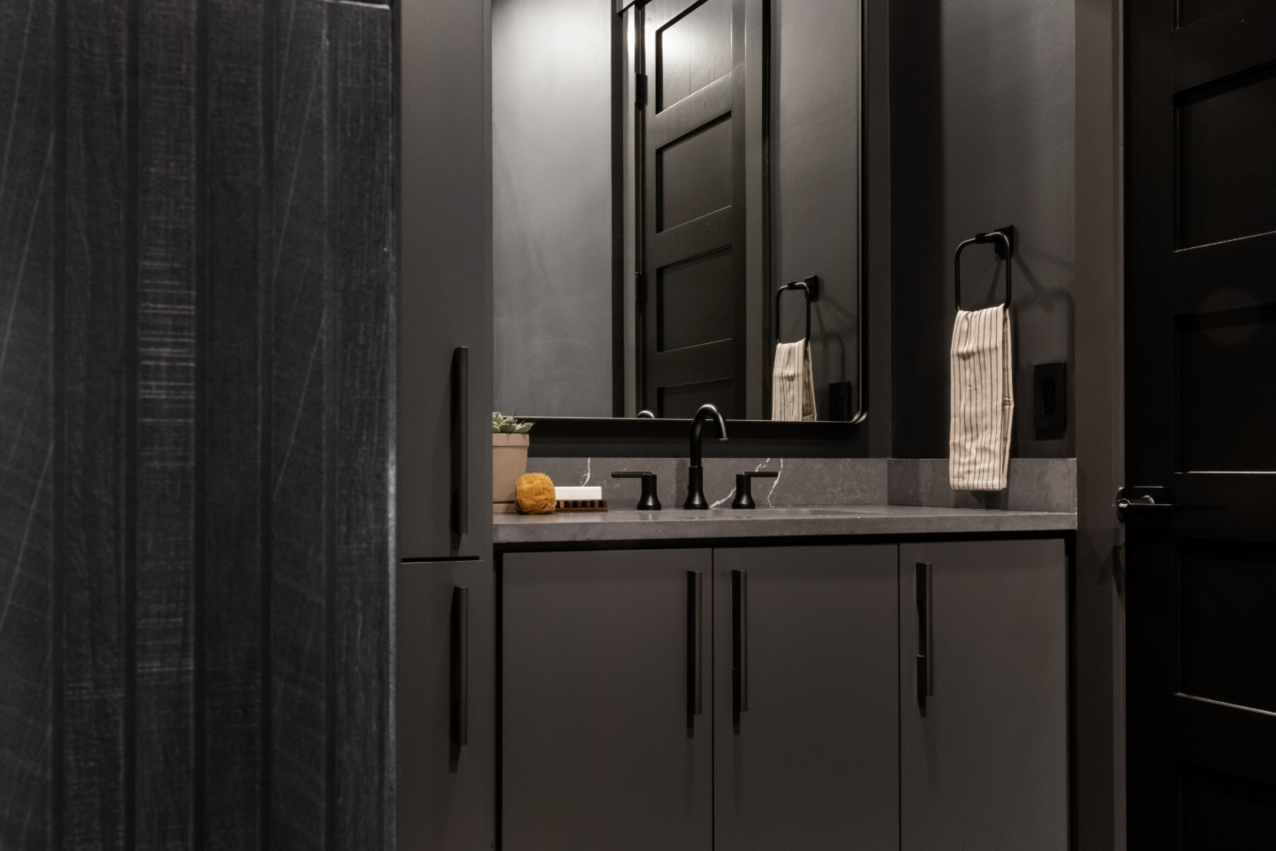 Guest Bath remodel in Columbia, TN. Sebring Design Build designed this Columbia, Tennessee guest bath with CWP Marion Gray Marketplace Recessed cabinetry, Metro Quartz Luce Oro countertops.
