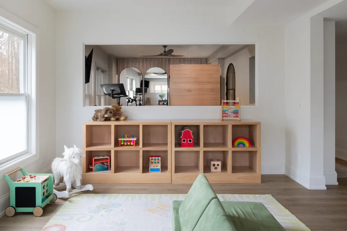 Finished basement playroom with durable flooring