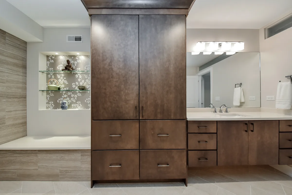 Basement remodel in Franklin, TN. Sebring Design Build finished this Franklin, Tennessee basement as a multi-zone functional-modern lower level with a main living area, gym, wet bar, guest bath, and workshop.