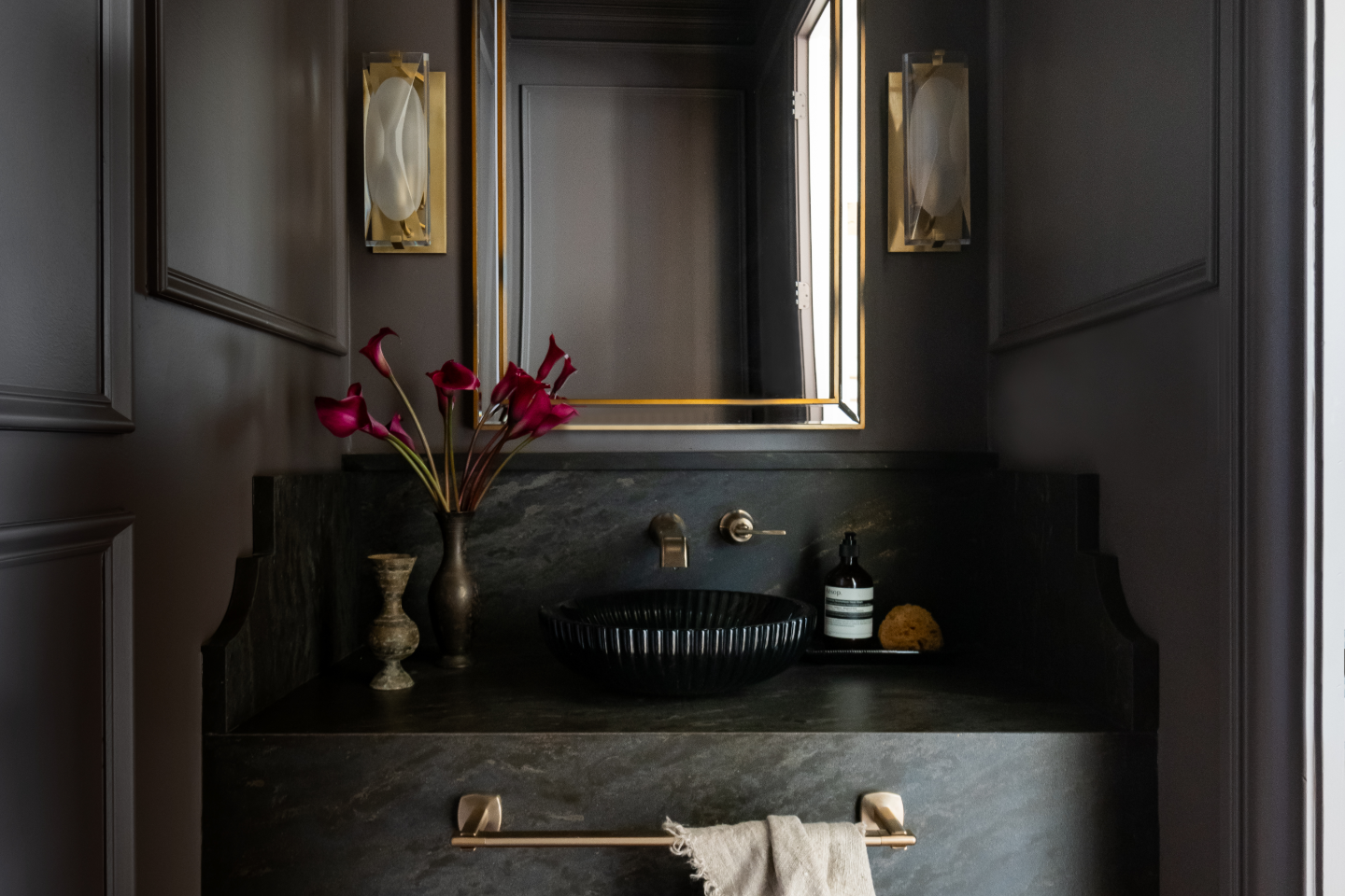 Powder Room remodel in Franklin, TN. Sebring Design Build transformed this McGavock Farms powder room into a dramatic, high-impact design statement.