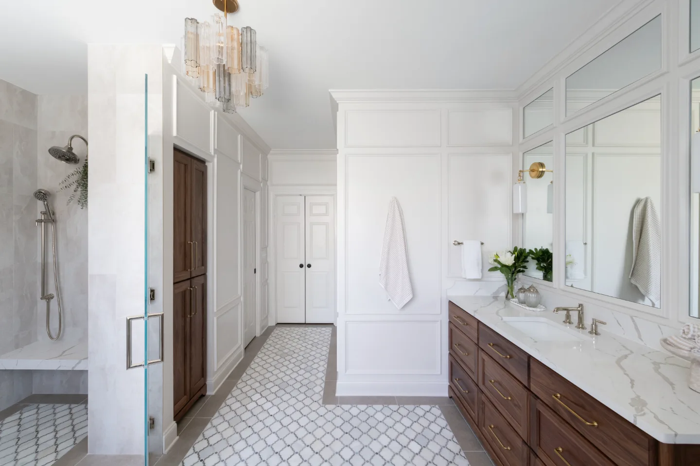 Primary Bath remodel in Willowsprings, TN. Sebring Design Build transformed this Willowsprings primary bath in Franklin, Tennessee with CWP Classic Square Recessed Solid Wood Panel Walnut Natural Marginal Overlay cabinetry.