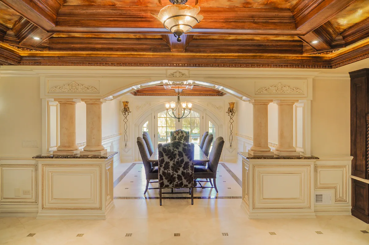 Basement remodel in Franklin, TN. Sebring Design Build transformed this Franklin, Tennessee basement into a traditional-intricate entertaining level with a coffered ceiling featuring rich wood finishes.