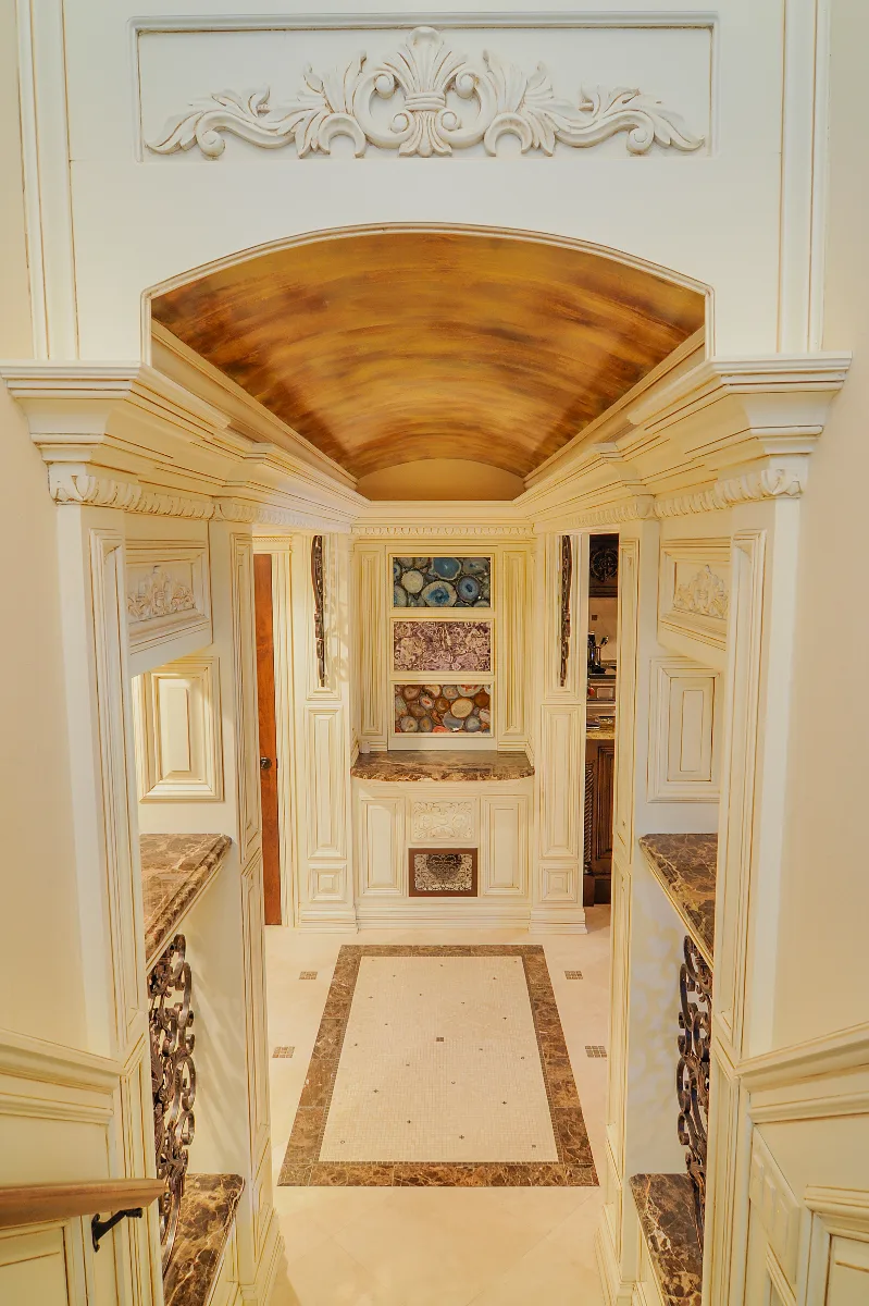Basement remodel in Franklin, TN. Sebring Design Build transformed this Franklin, Tennessee basement into a traditional-intricate entertaining level with a coffered ceiling featuring rich wood finishes.