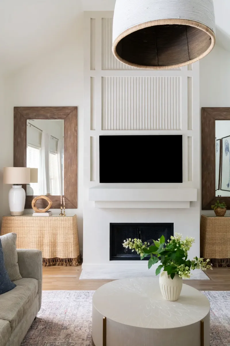 Living Room remodel in Westhaven, TN. Sebring Design Build designed this Westhaven living room as part of a cohesive modern warm remodel, integrating updated electrical, lighting, and construction elements.