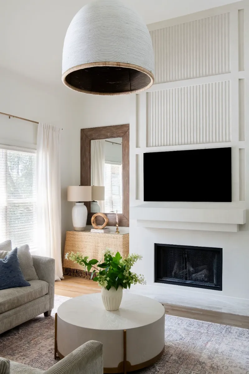 Living Room remodel in Westhaven, TN. Sebring Design Build designed this Westhaven living room as part of a cohesive modern warm remodel, integrating updated electrical, lighting, and construction elements.