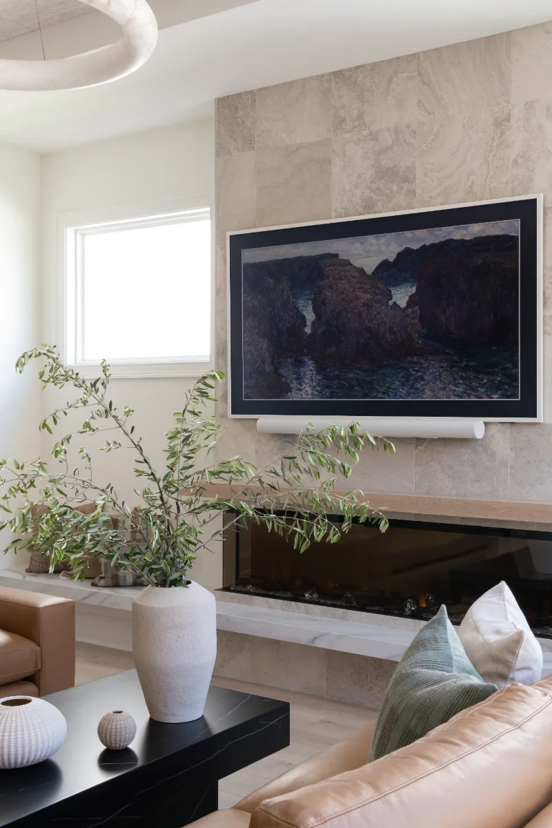 Living Room remodel in Westhaven, TN. Sebring Design Build designed this Westhaven living room to extend the kitchen’s minimalist palette with Rift White Oak elements and DuChateau Sirocco wood flooring.