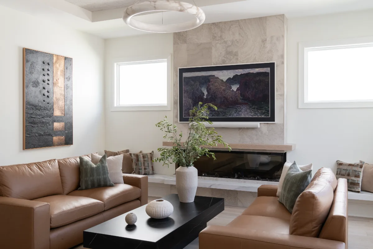 Living Room remodel in Westhaven, TN. Sebring Design Build designed this Westhaven living room to extend the kitchen’s minimalist palette with Rift White Oak elements and DuChateau Sirocco wood flooring.