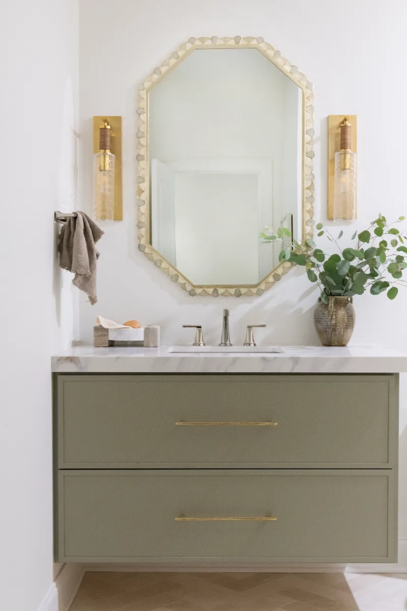 Guest Bath remodel in Westhaven, TN. Sebring Design Build designed this second Westhaven guest bath using the Hall Bath 2 selections, featuring MSI Calacatta Castana quartz, Rift White Oak cabinetry elements.