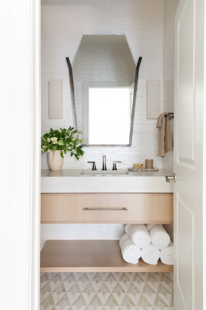 Guest Bath remodel in Westhaven, TN. Sebring Design Build designed this second Westhaven guest bath using the Hall Bath 2 selections, featuring MSI Calacatta Castana quartz, Rift White Oak cabinetry elements.