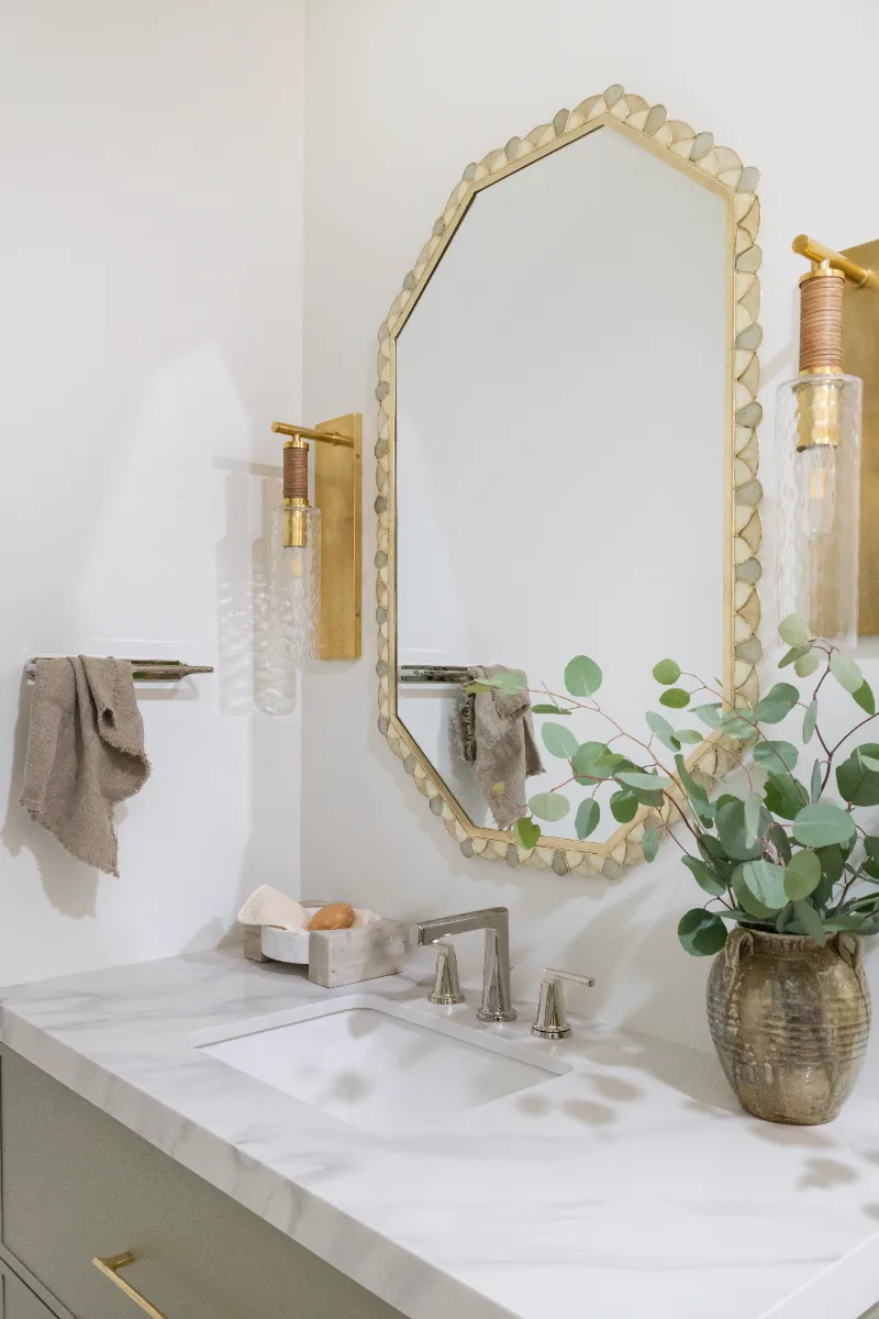 Guest Bath remodel in Westhaven, TN. Sebring Design Build designed this second Westhaven guest bath using the Hall Bath 2 selections, featuring MSI Calacatta Castana quartz, Rift White Oak cabinetry elements.