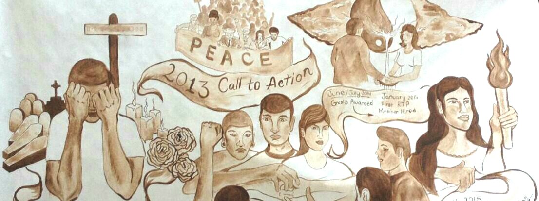 Illustration with people, a peace banner, cross, flowers, and notes about grants and action from 2013 to 2015.