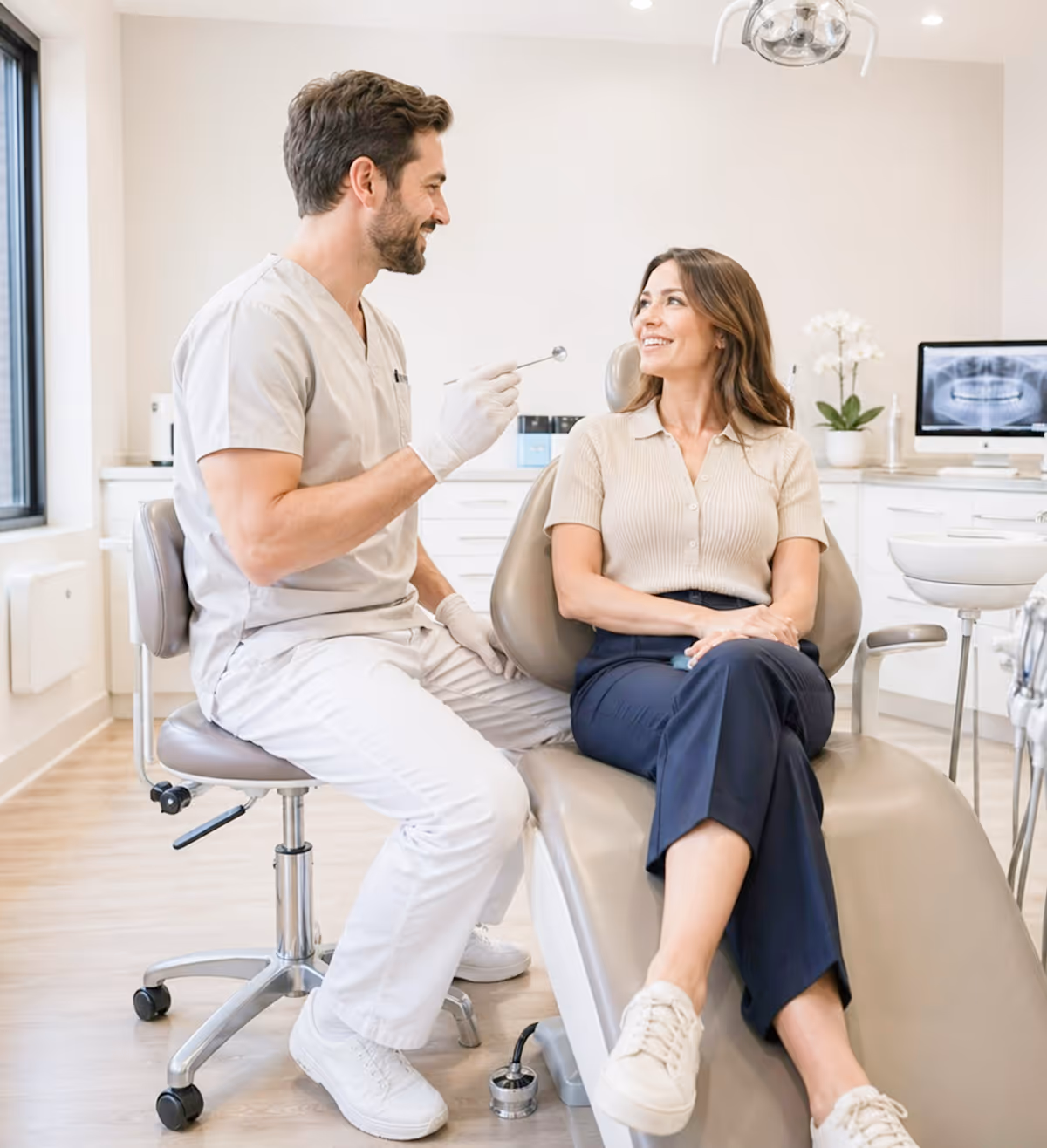 Dentist in scrubs talking to smiling female patient seated in dental chair in clinic.