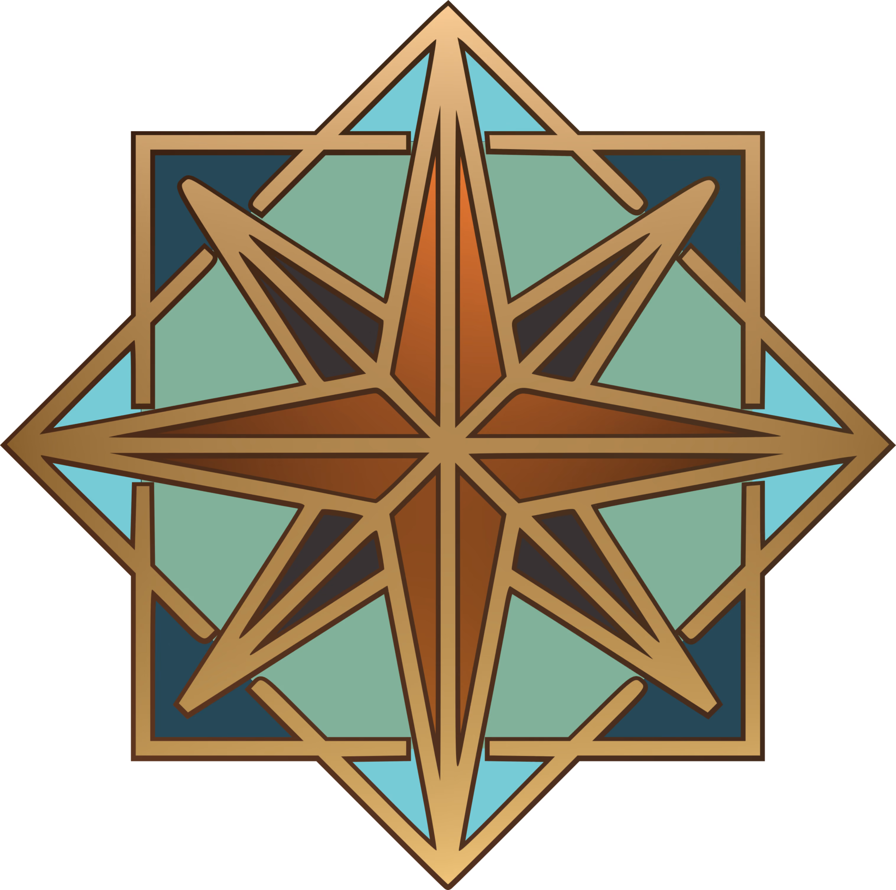 Decorative compass rose with brown and teal geometric patterns in a star-shaped design.