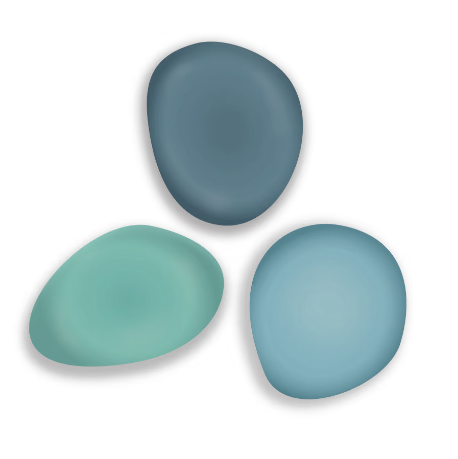 Three polished sea glass pieces in dark blue, green, and teal with black edges.