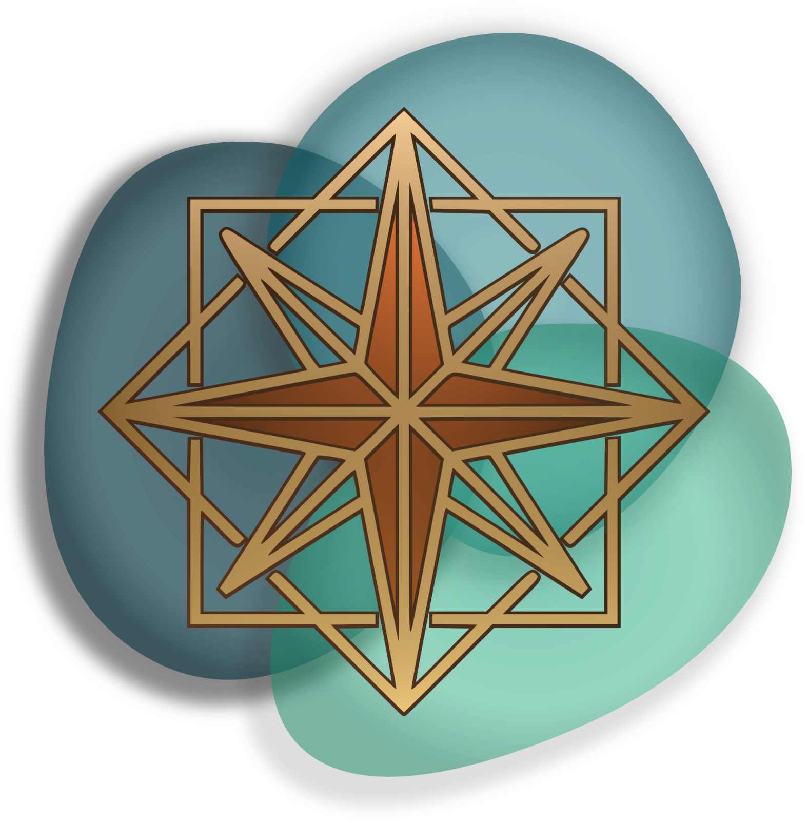 Brown and gold compass rose within a square on abstract teal and green pieces of sea glass.