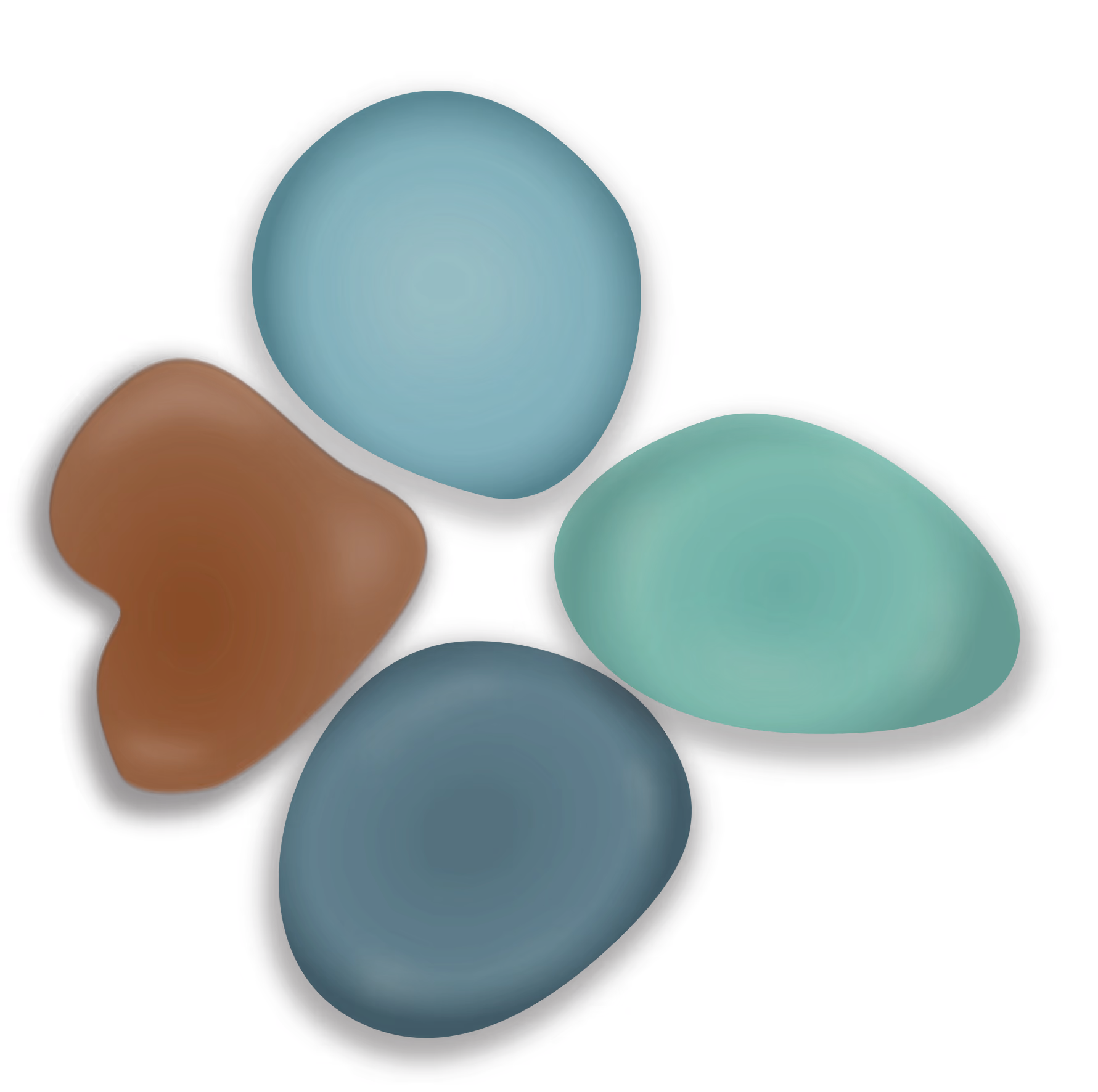 Cluster of four rounded  sea glass stones in brown, teal, dark blue, and green with black edges.