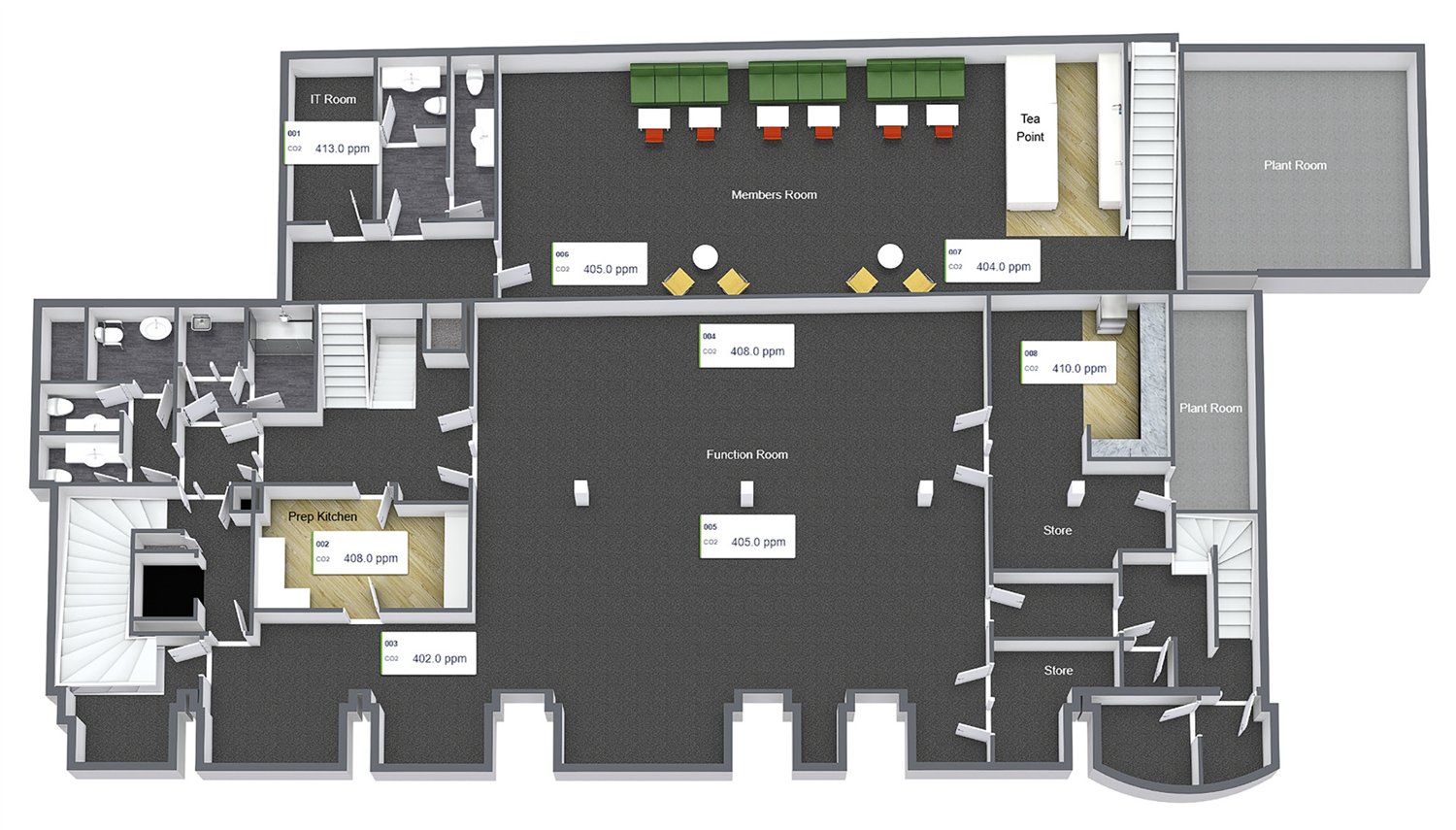 Live CO2 overlay showing ppm readings against each room on the floor plan