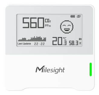 Milesight wall-mounted indoor air-quality sensor showing CO2, temperature and humidity