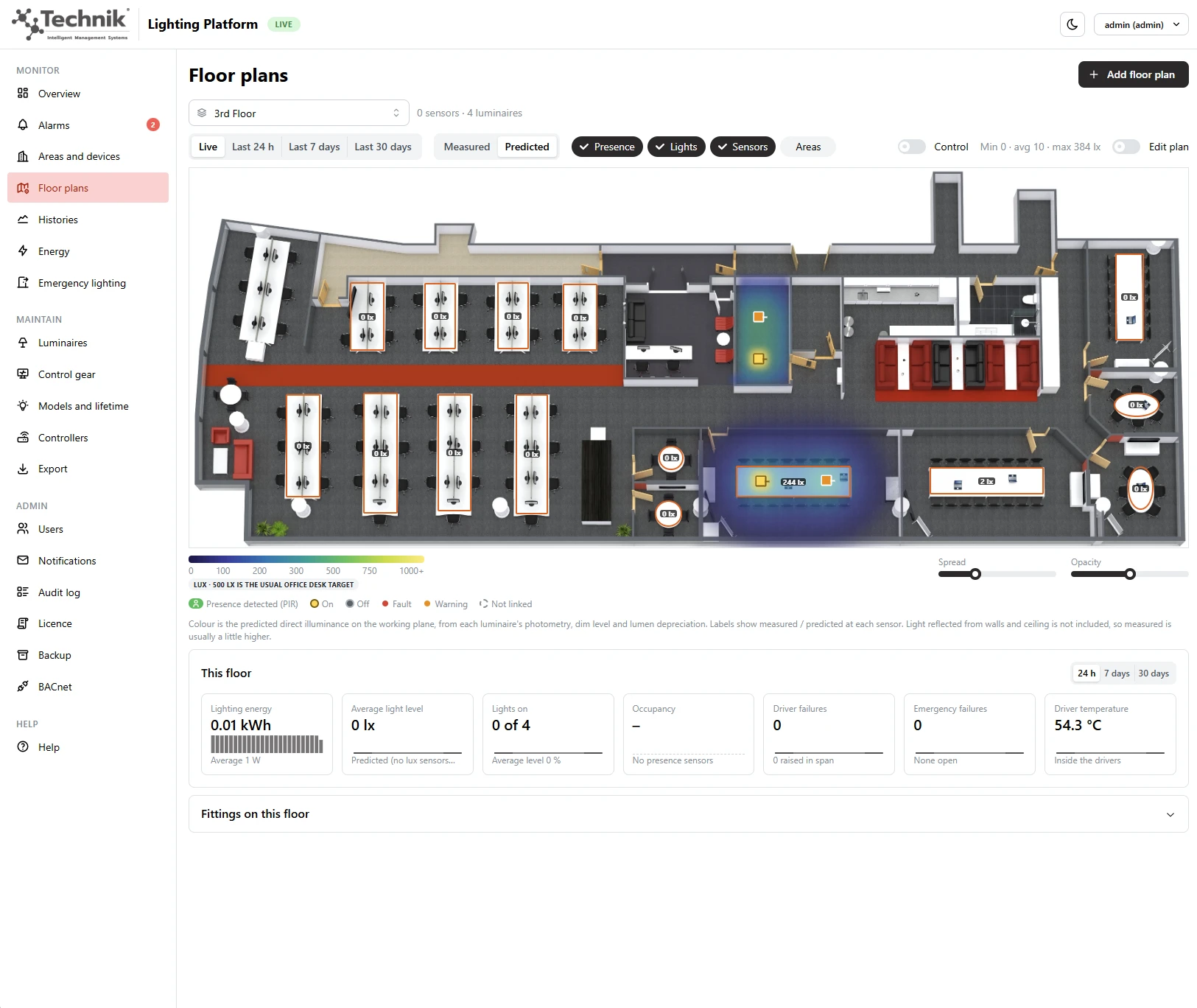 Lighting Platform floor plan showing predicted light levels as a heat map with per-luminaire lux labels