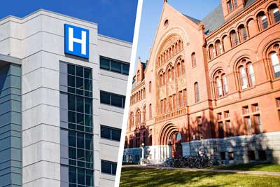 An image of a hospital and of a school to outline the difference between a Hospital vs University letterhead LoR. LoRs can be earned by IMGs in any clinical rotation or core or elective clerkship.