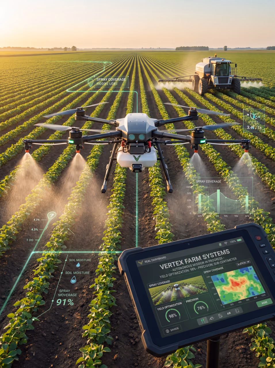 Fotografia institucional ilustrando operações agrícolas autônomas da divisão VFS — Vertex Farm Systems