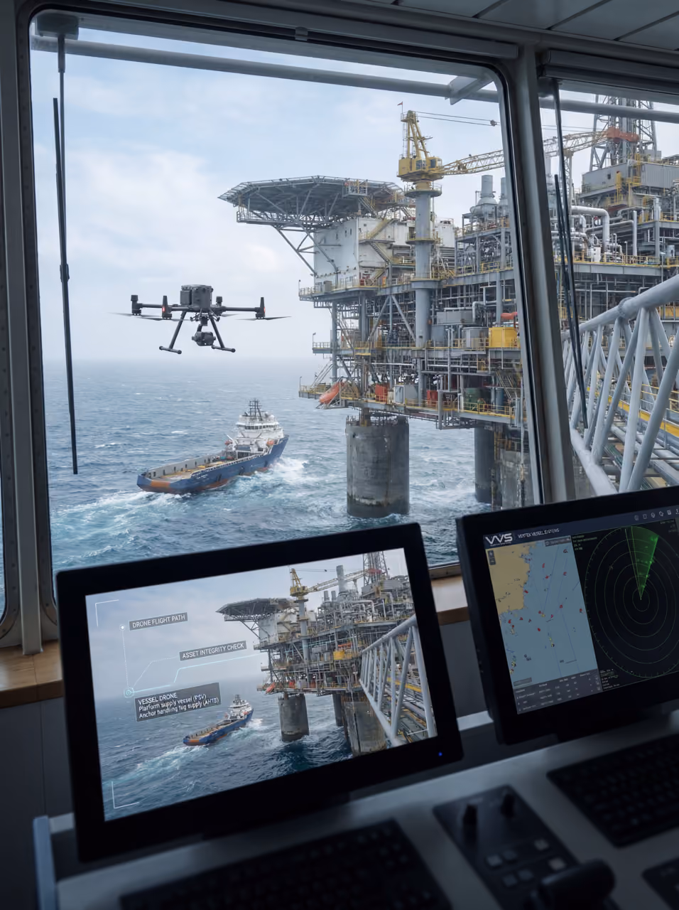 Fotografia ilustrando operações marítimas e offshore monitoradas em tempo real (VVS)