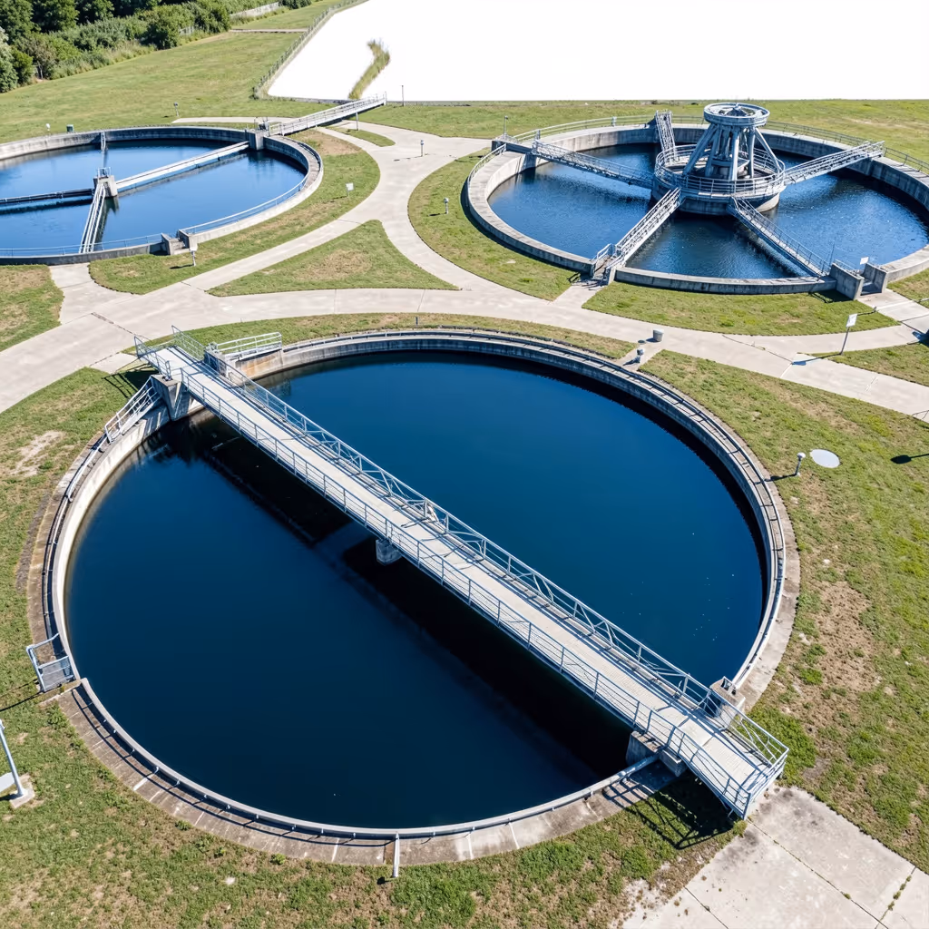 Overhead view of a wastewater treatment works