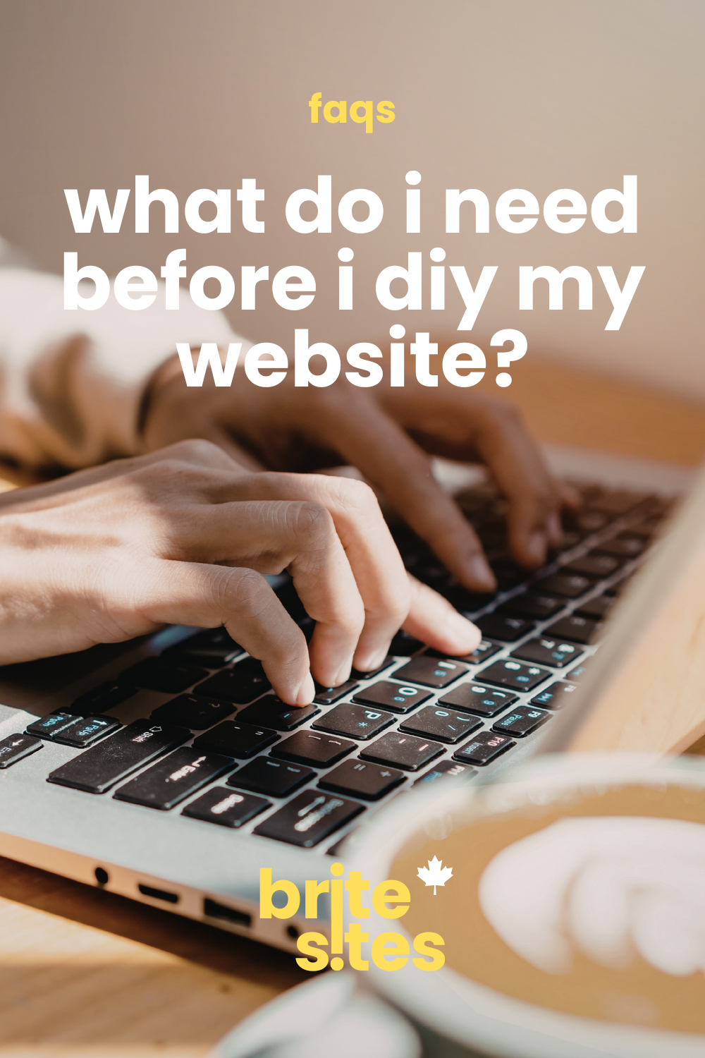 Two people typing on laptops on a wooden desk — what do i need before i diy my website? FAQ graphic by brite sites