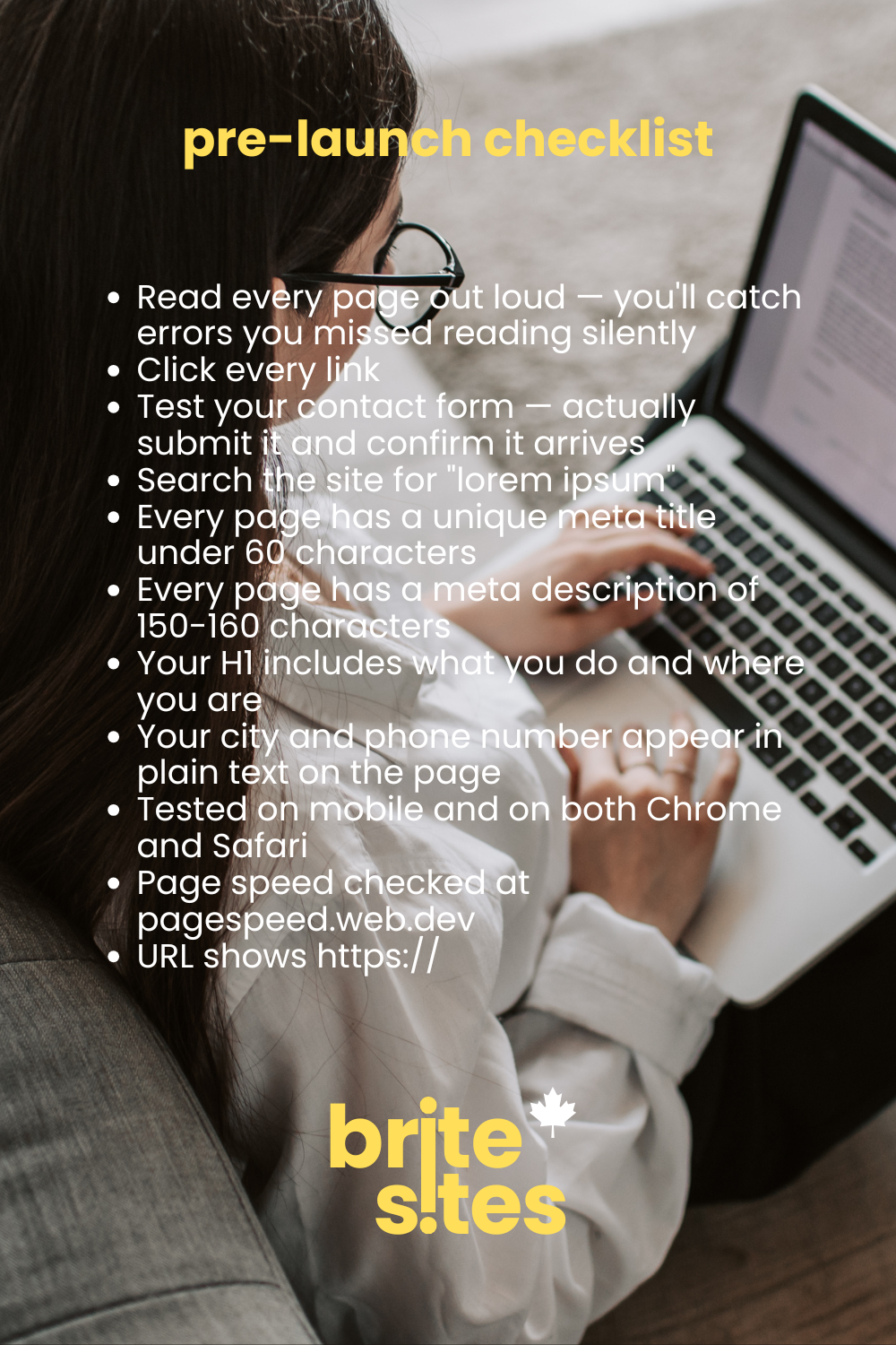Woman with glasses working on a laptop — pre-launch website checklist graphic by brite sites