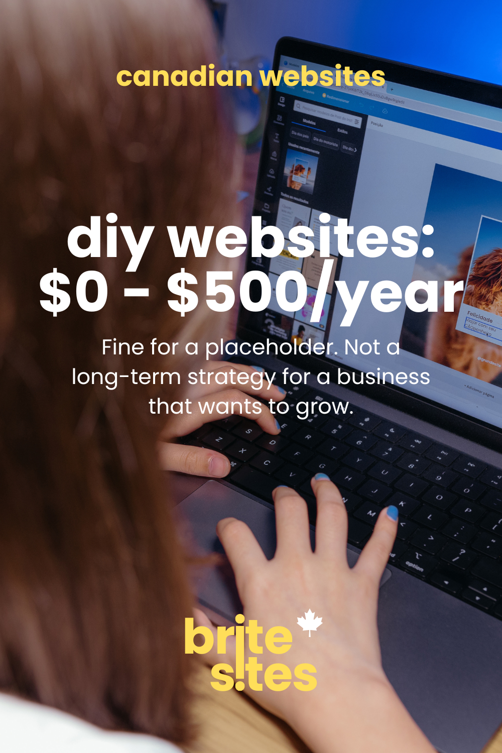Woman building a DIY website on a laptop with a colourful screen — diy websites $0 to $500 per year, Canadian websites graphic by brite sites
