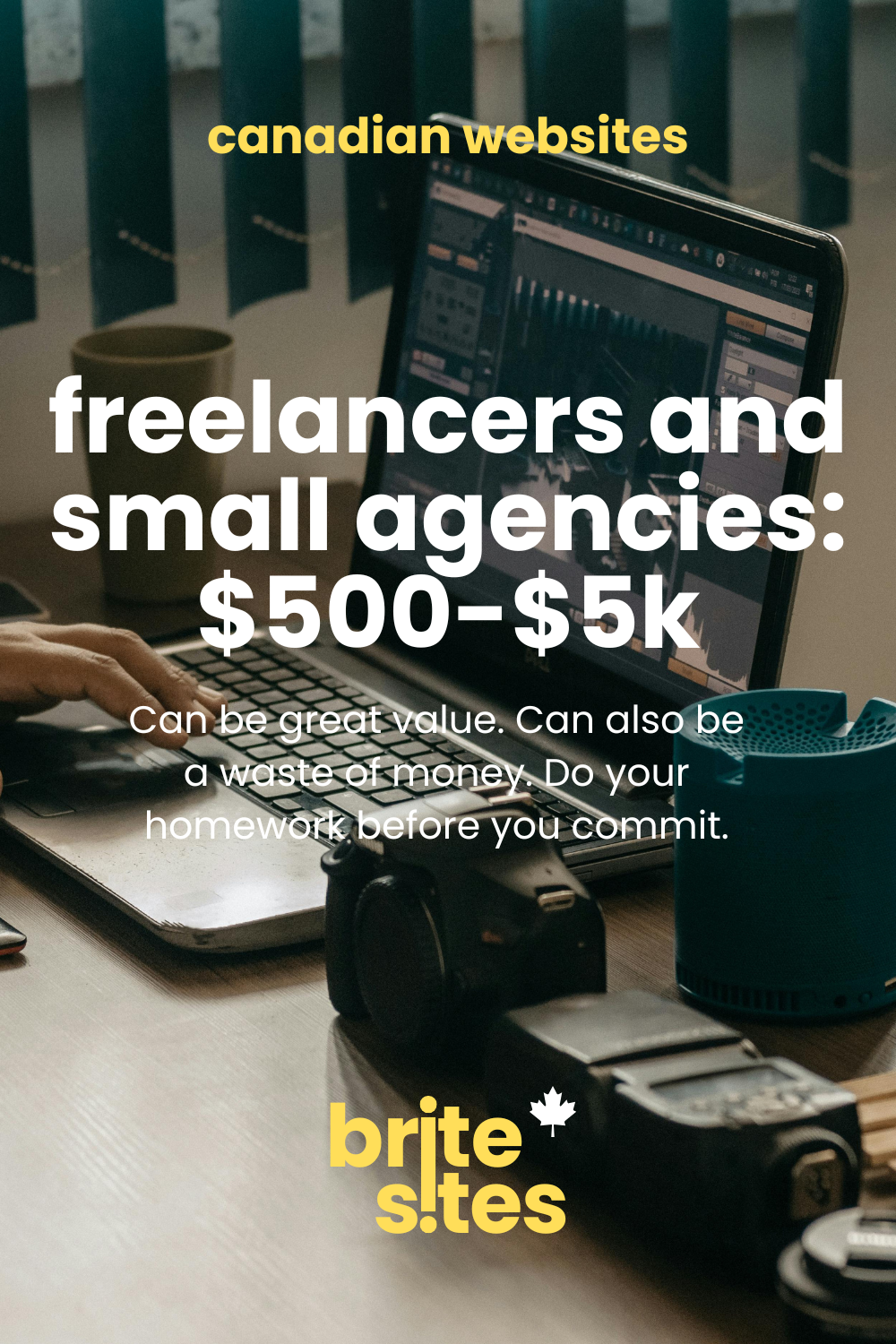 Freelancer working on a laptop with a camera and coffee on a dark wooden desk — freelancers and small agencies $500 to $5k, Canadian websites graphic by brite sites