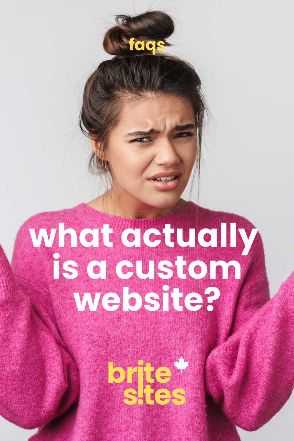 Confused woman in a pink sweater with hands raised — what actually is a custom website? FAQ graphic by brite sites