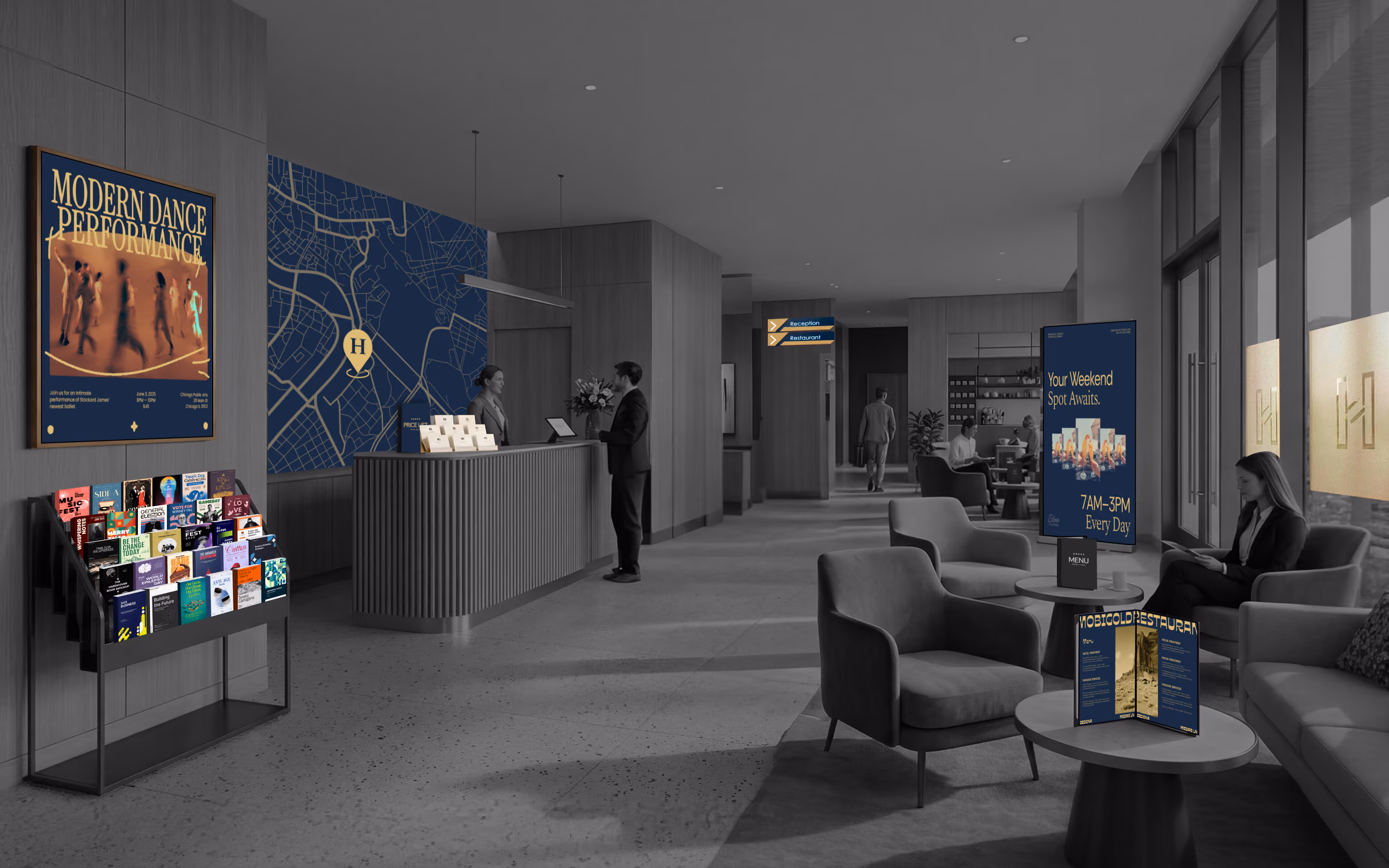 Modern hotel lobby featuring branded print materials, including posters, brochures, digital signage, and a magazine display, showcasing a cohesive wayfinding and hospitality branding system.