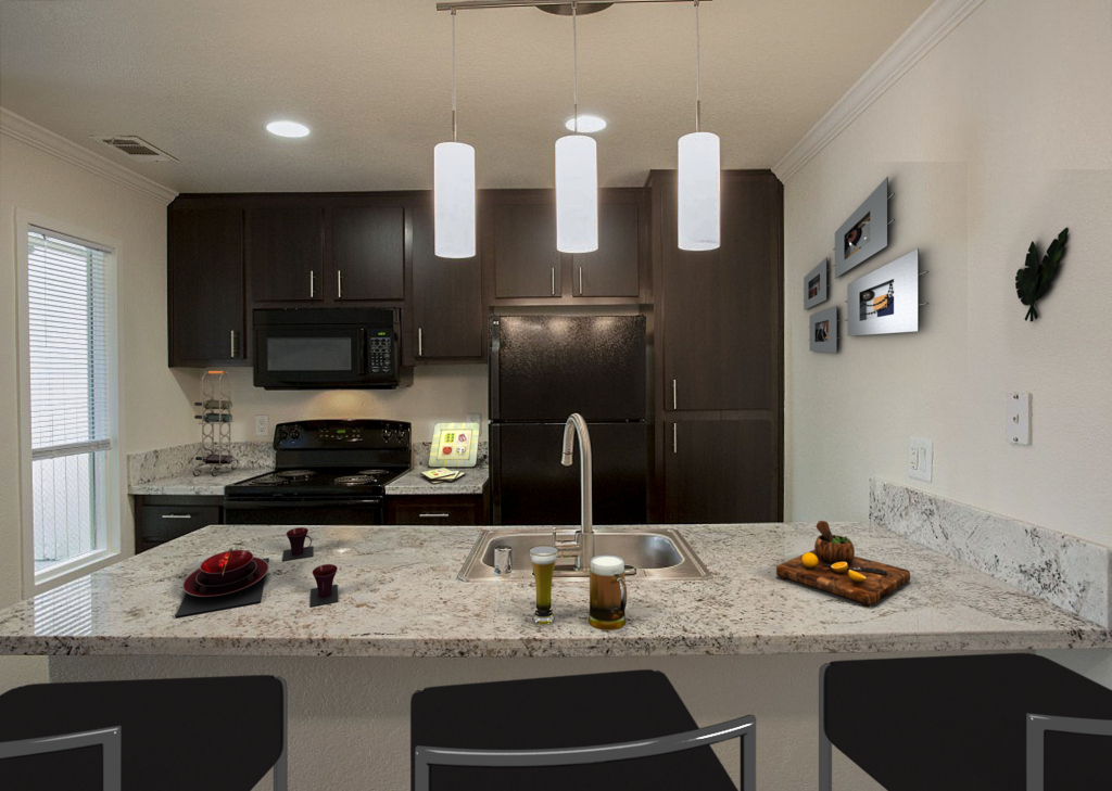 Kitchen with brown cabinets and black appliances