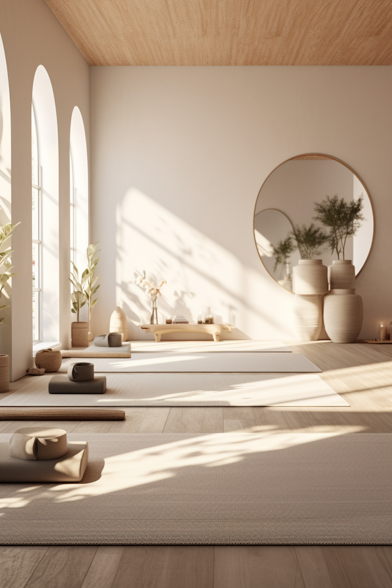 Ruhiges, minimalistisches Yoga- und Meditationsstudio mit Matten und Tageslicht