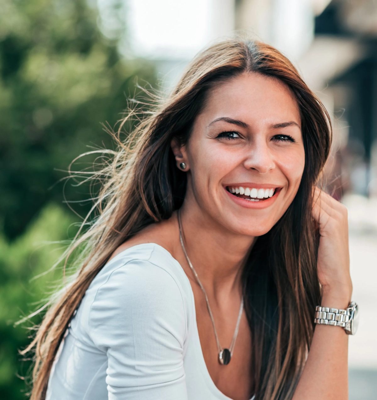 Woman smiling outdoors