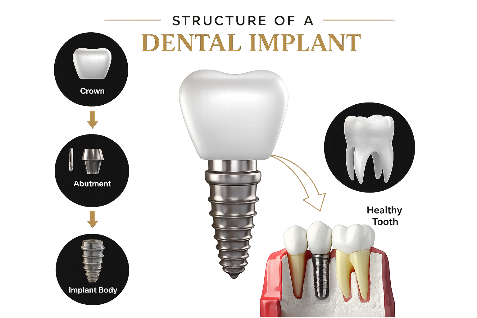 Dental implant anatomy illustration showing titanium post, abutment connector, and crown restoration on single tooth