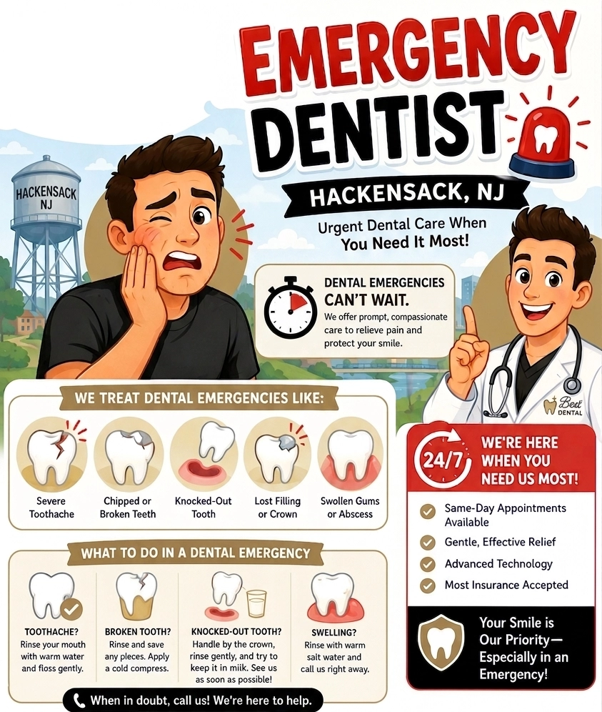 Emergency Dentist infographic with "EMERGENCY DENTIST" title in red text, cartoon illustrations of dental emergencies, numbered situations, and guidance icons