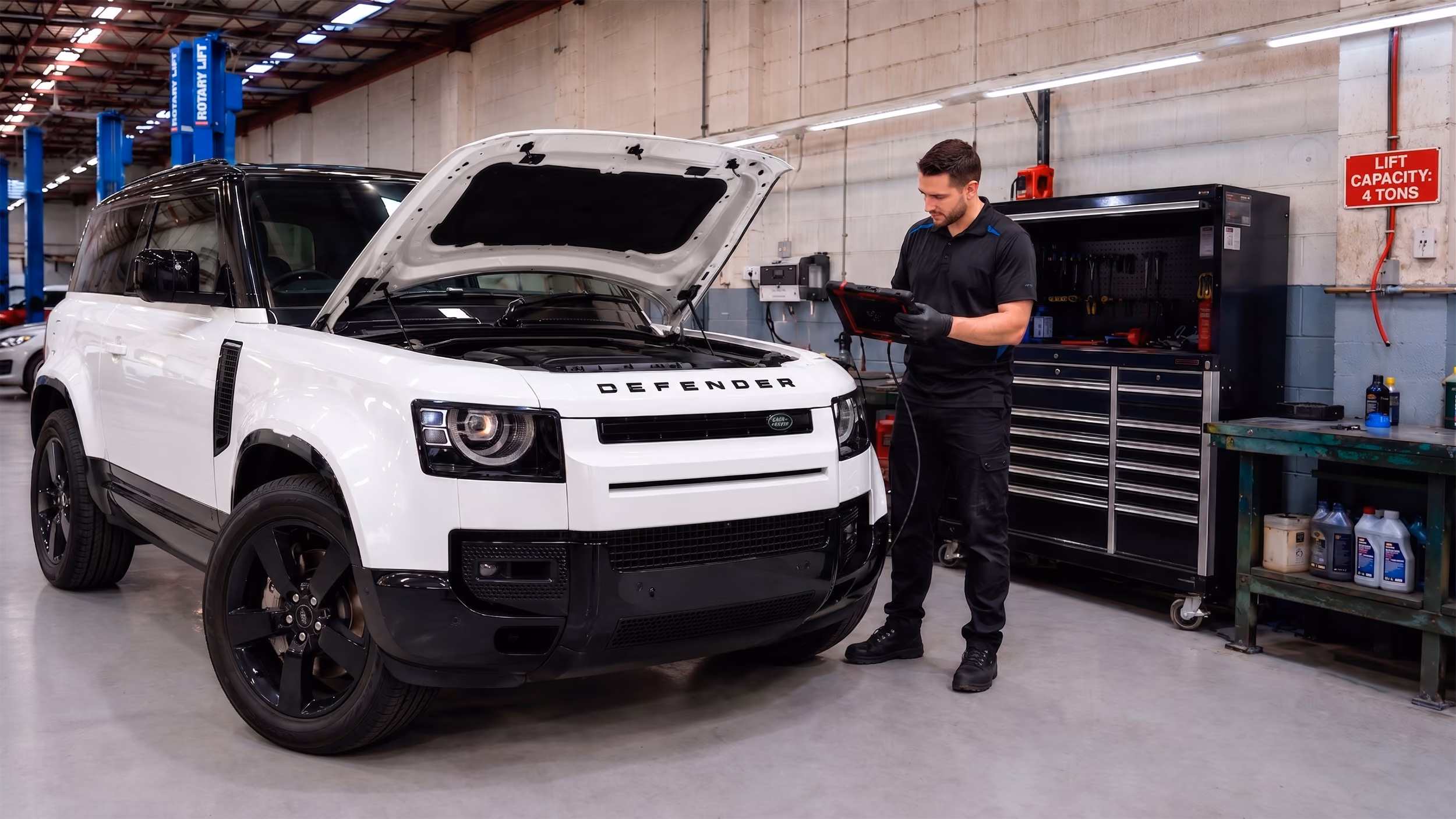 Mechanic using diagnostic tablet on red Land Rover Defender with hood open in a workshop.