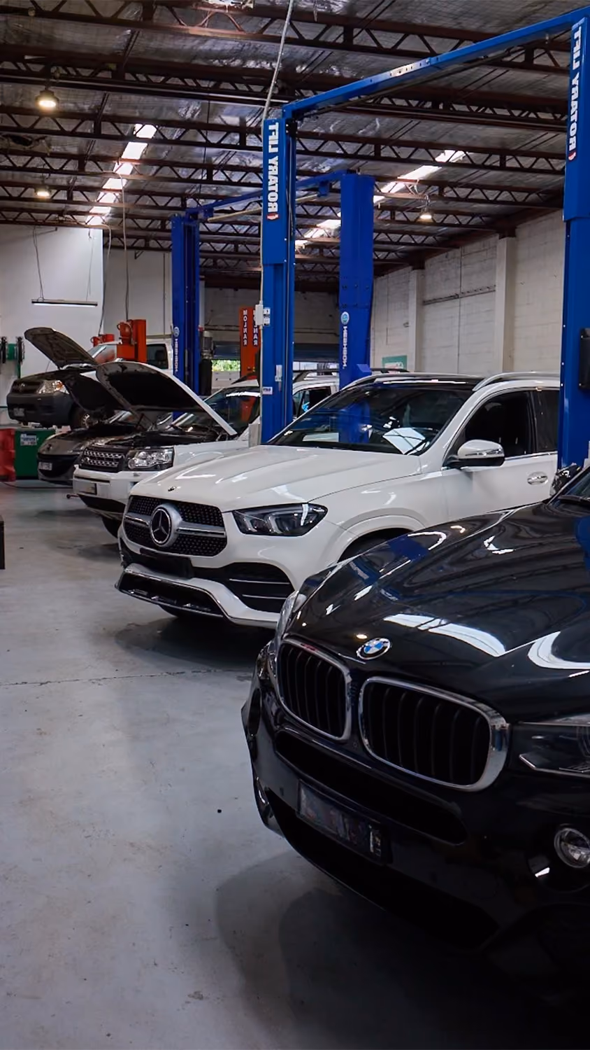 European vehicles being serviced inside Auto Tech Group workshop with hoists and diagnostic equipment.
