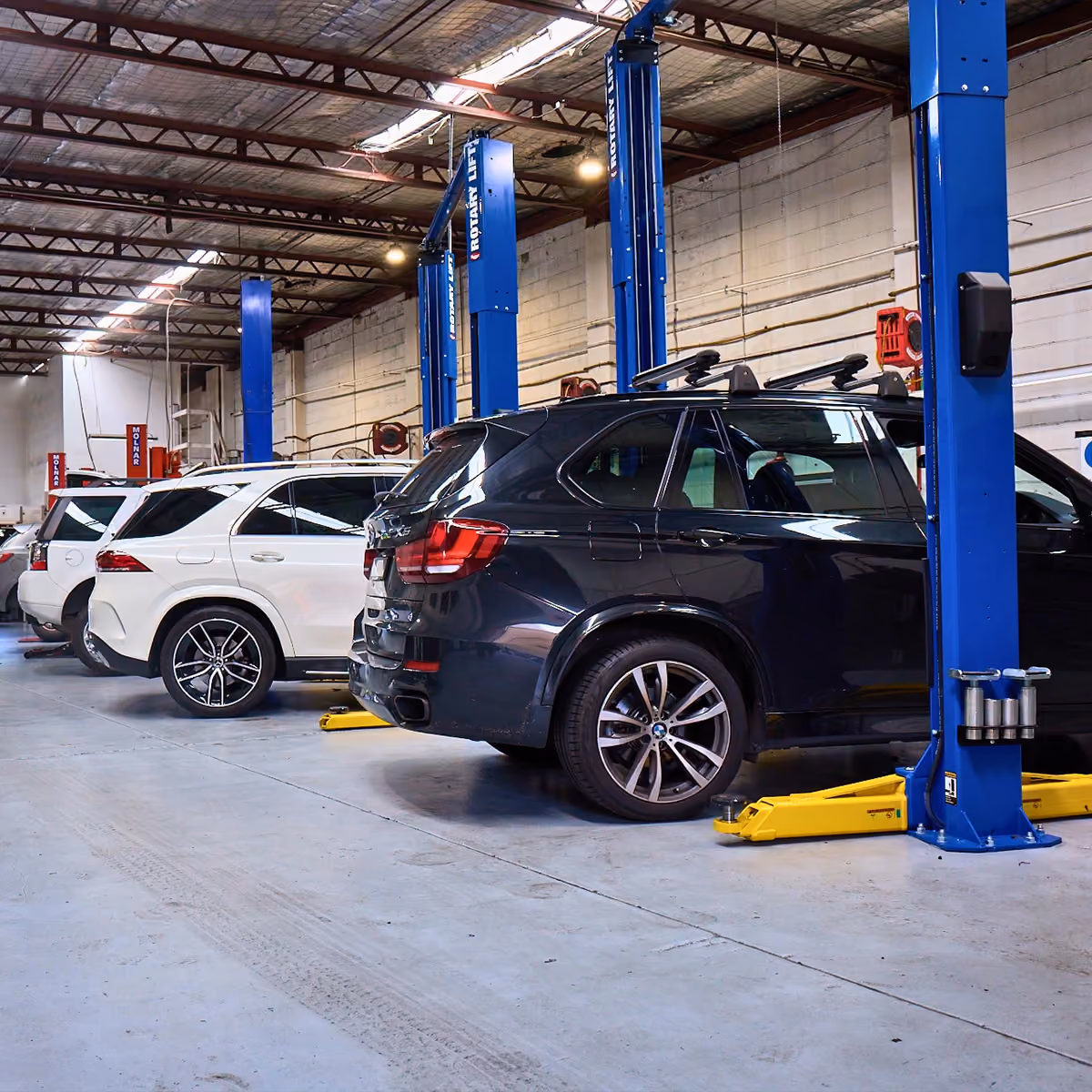 Modern auto workshop with multiple vehicles on service lifts inside garage.
