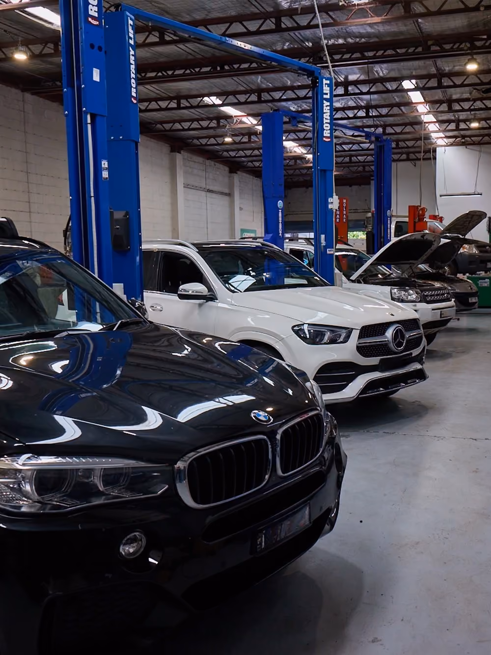 Black BMW and white Mercedes vehicles lined up inside Auto Tech workshop with car lifts in Melbourne.