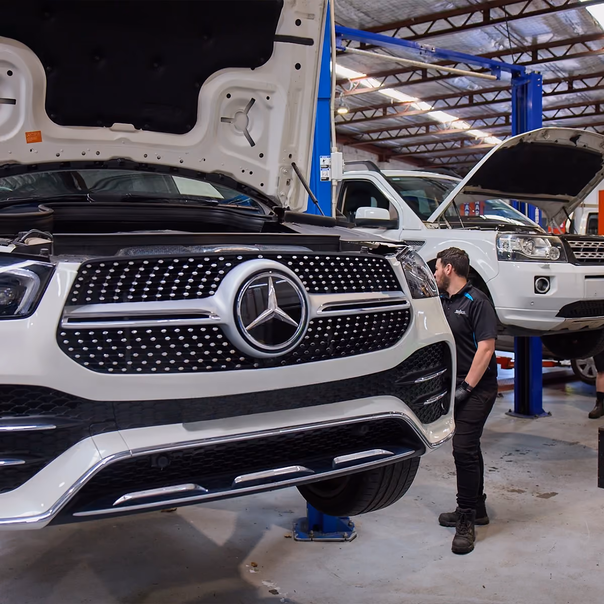 European car undergoing mechanical and diagnostic checks in workshop.