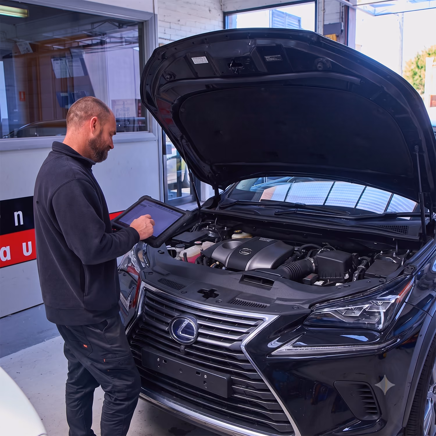 Technician performing wheel alignment on a car using professional alignment equipment