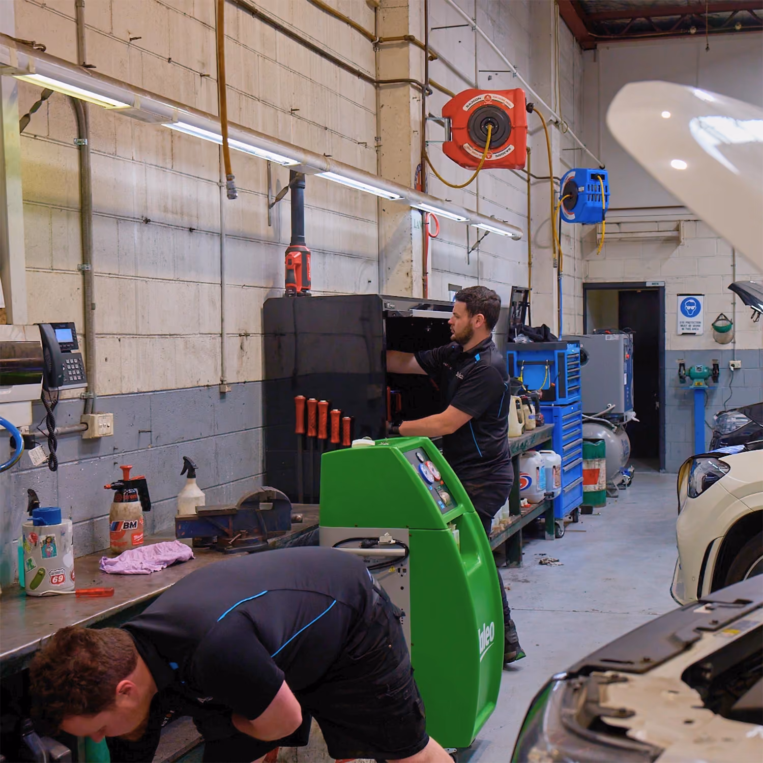 Automotive technician inspecting Lexus vehicles in a workshop with multiple cars undergoing servicing.