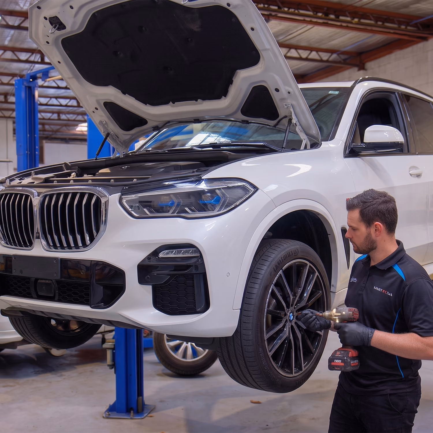 A mechanic using an impact wrench on a white BMW SUV's wheel on a blue hoist.