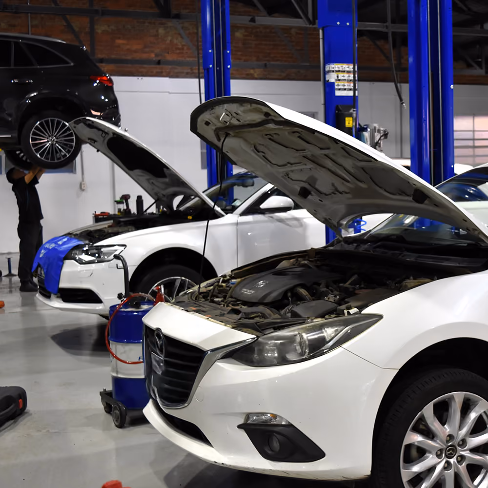 Technician performing an oil change under the bonnet of a vehicle.