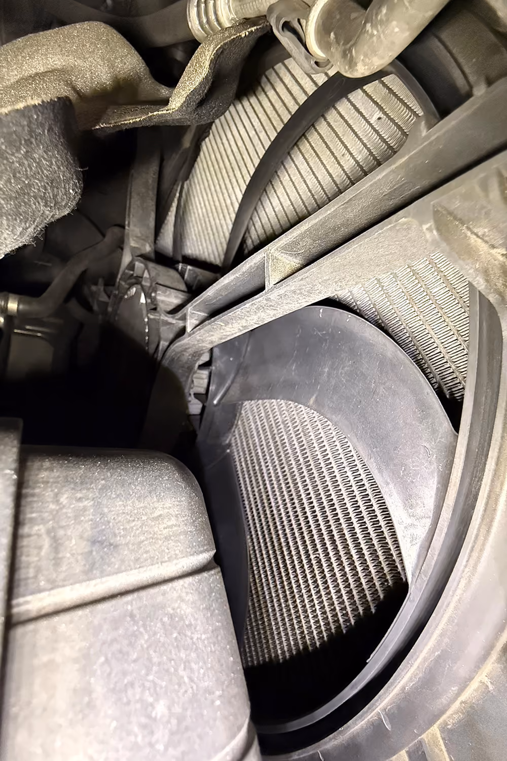 Close-up of a vehicle radiator and cooling system components inside the engine bay.
