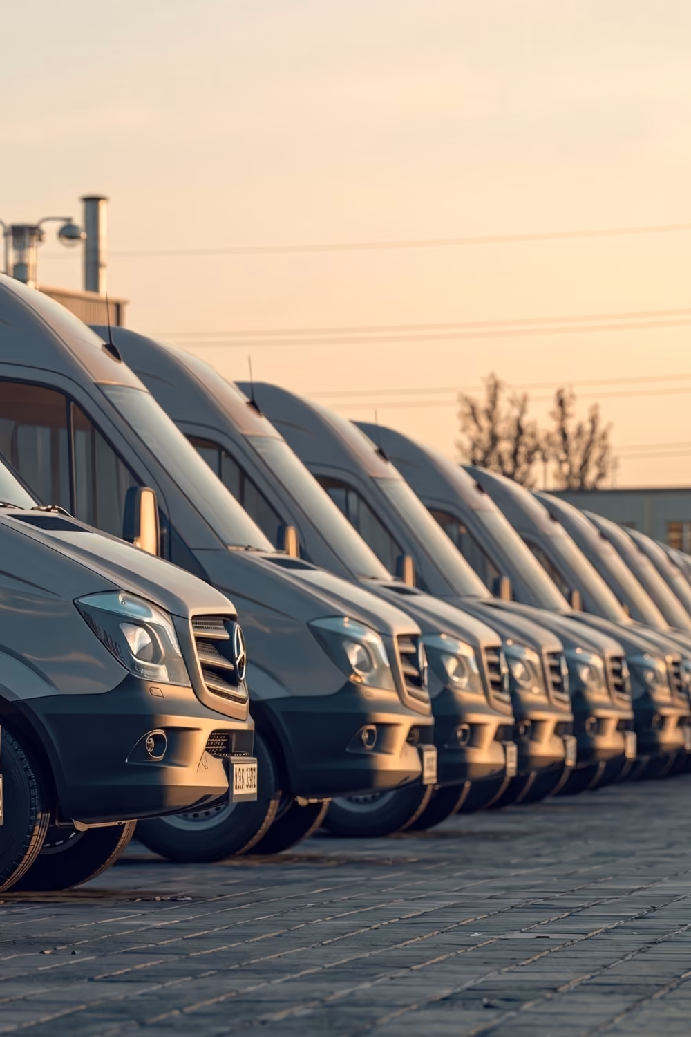 A row of gray commercial delivery vans parked outside in a fleet lot